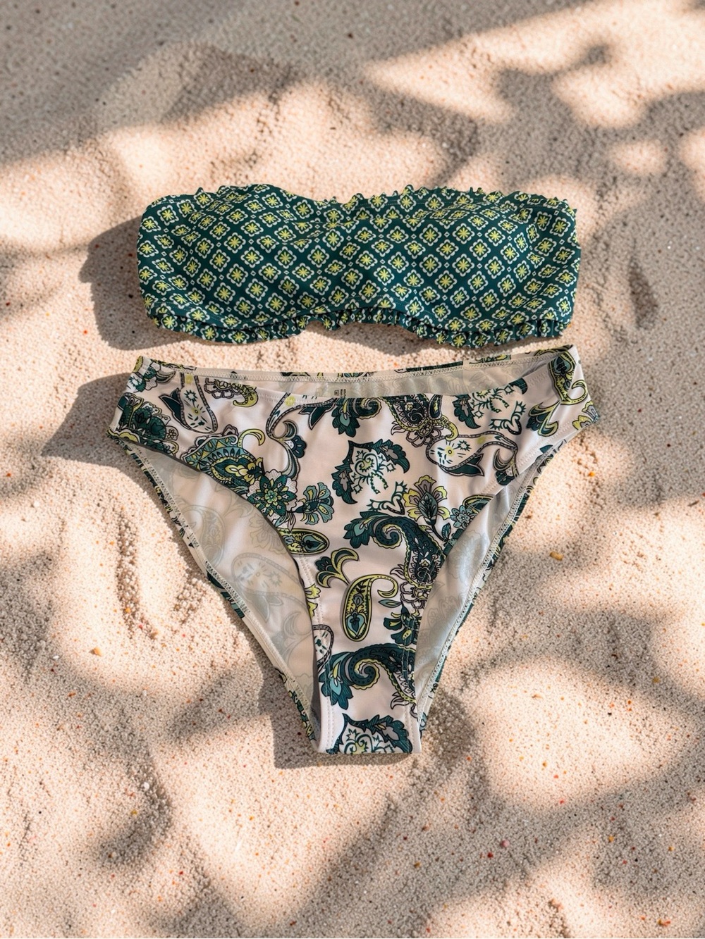 Green Patterned Bandeau Bikini Set with Cream Paisley Bottoms